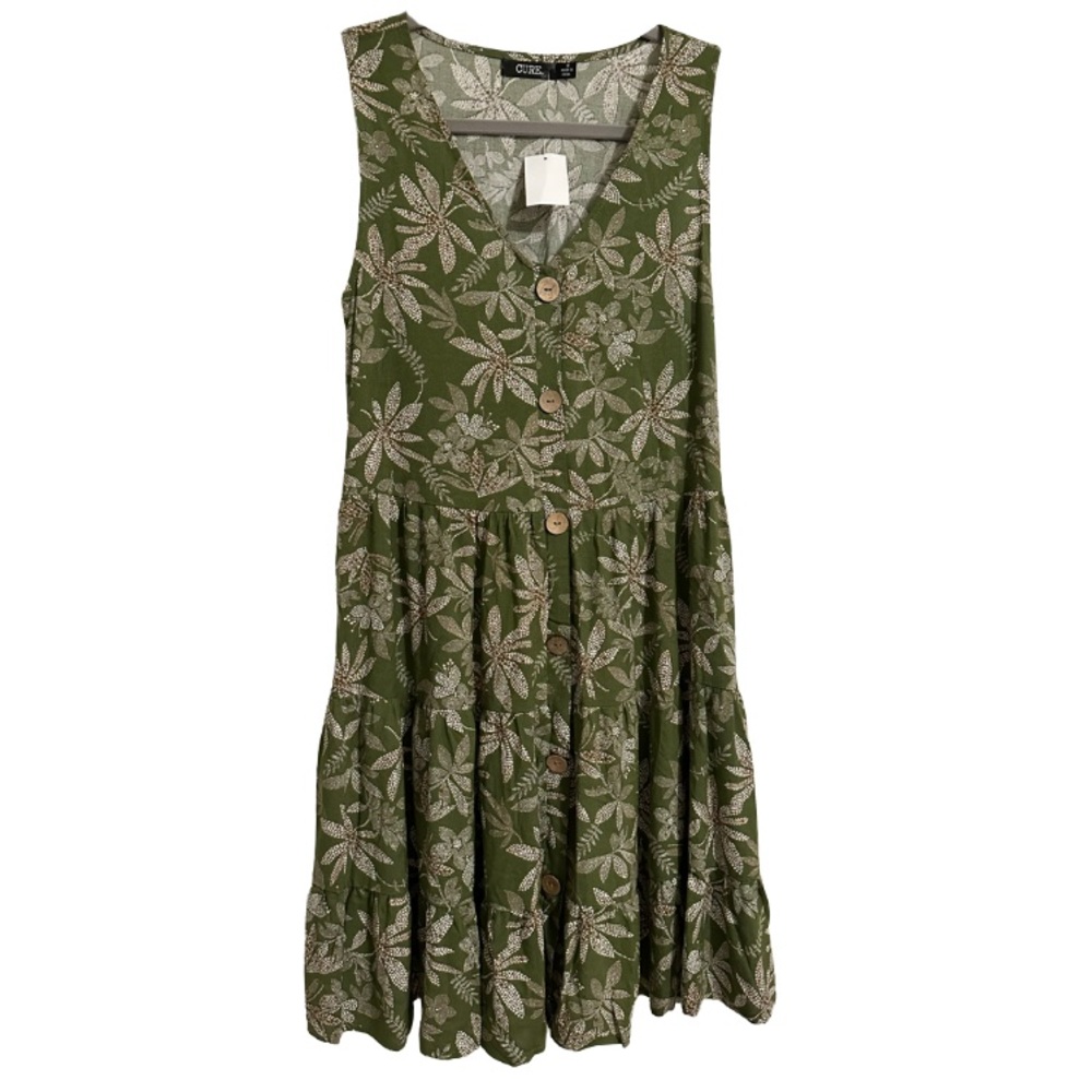 CURE Apparel Womens Leaf Print Button Sleeveless Dress